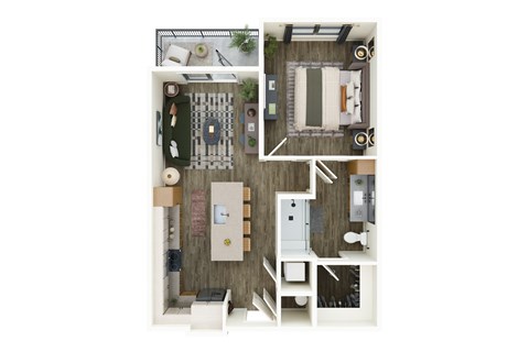 A top-down view of a small apartment with a kitchen, living room, and bathroom.